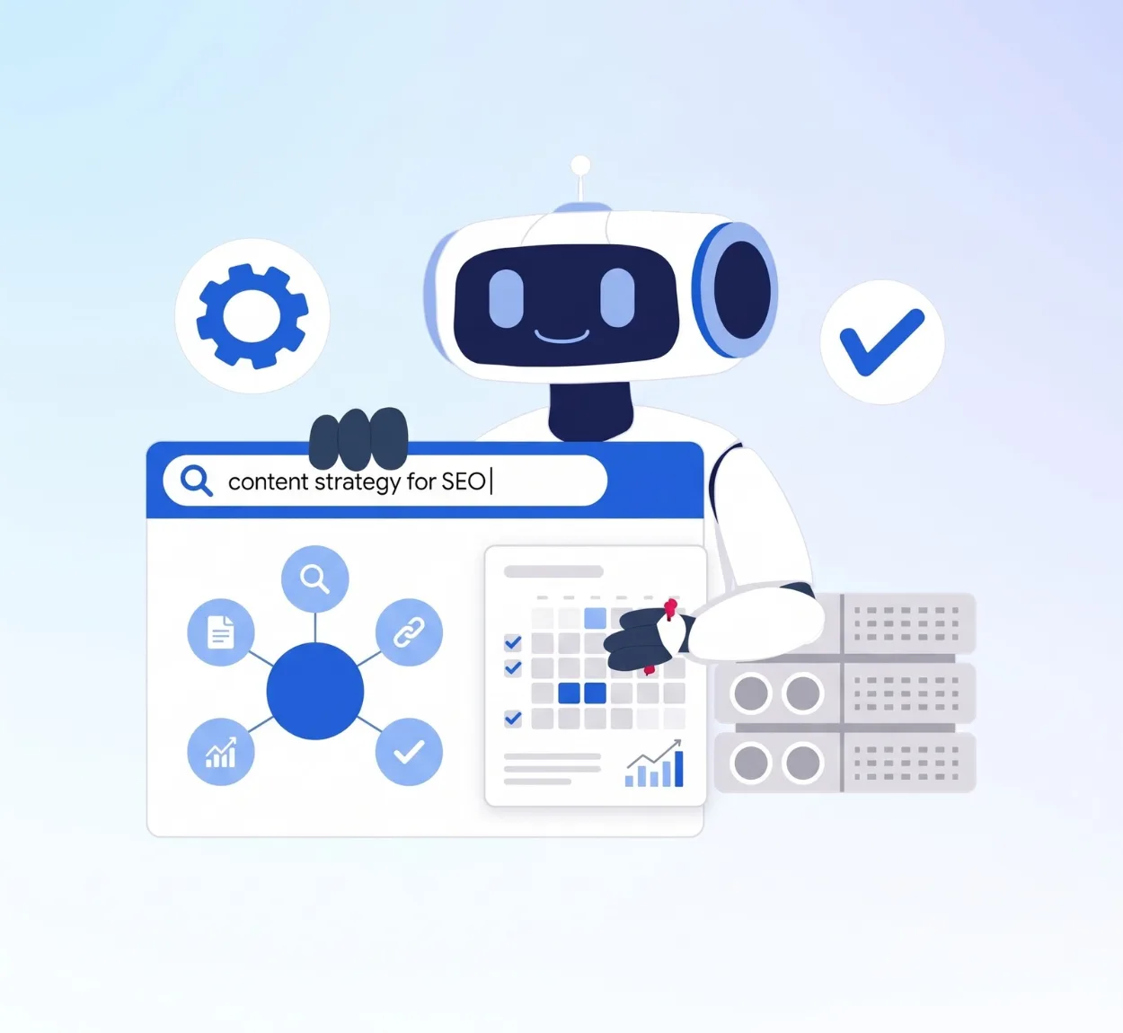 Flat illustration of an AI robot planning an SEO content strategy with a topic cluster diagram and editorial calendar (SEO content strategy from DigiSphere Marketing Sarasota)