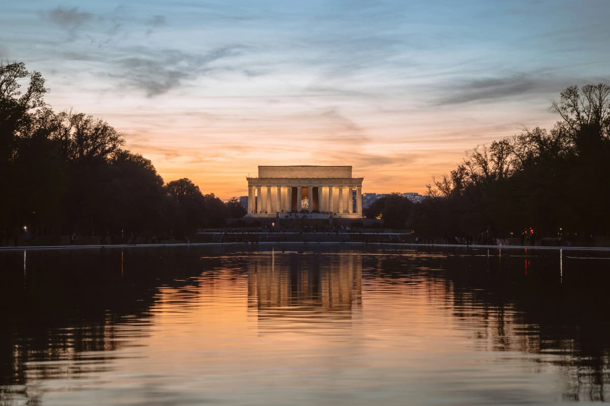 The Lincoln Memorial at the end of the Reflecting Pool on the National Mall in Washington, DC