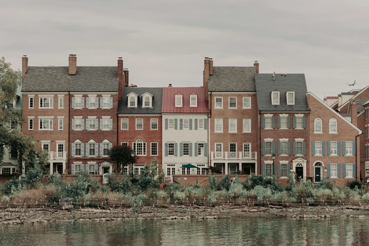 Brick rowhouses and shops along King Street in Old Town Alexandria, Virginia