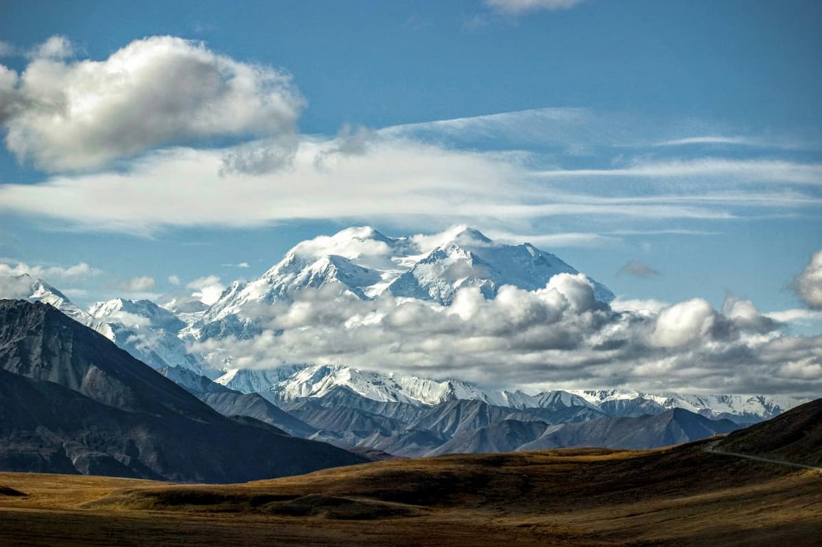 Snow-covered Denali rising above the tundra and spruce forest of Denali National Park in Alaska