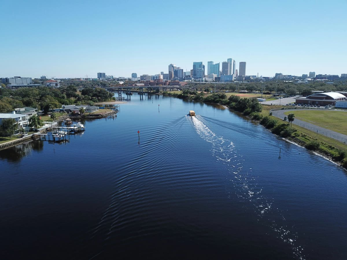 Tampa Riverwalk along the Hillsborough River with the downtown skyline