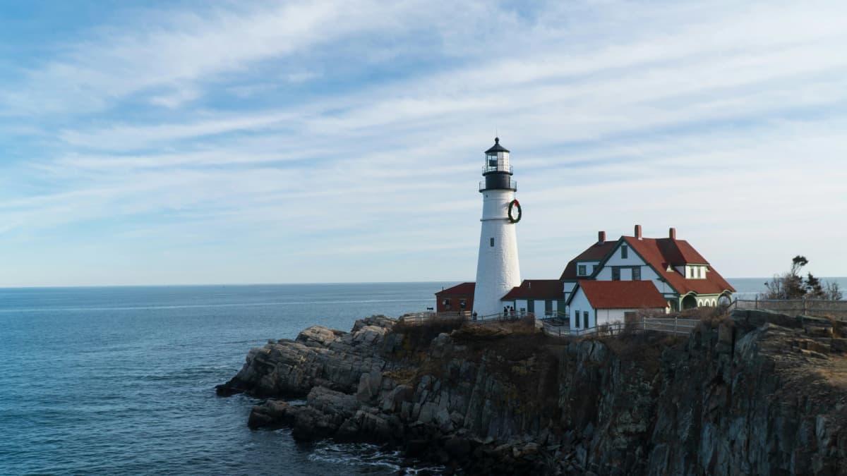 Portland Head Light lighthouse on the rocky shore of Cape Elizabeth, Maine