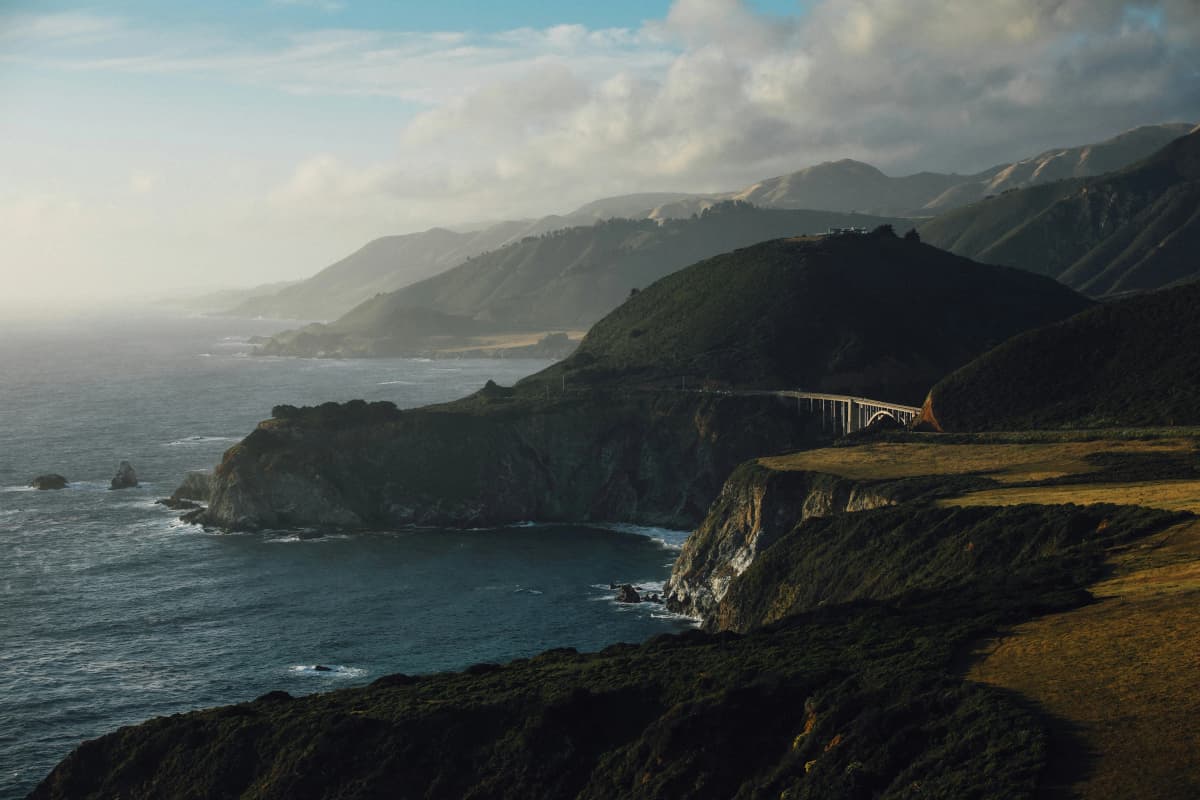 The arched Bixby Creek Bridge spanning a canyon above the Pacific Ocean on the Big Sur coast of California