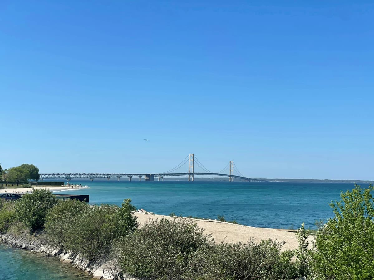 The Mackinac Bridge spanning the Straits of Mackinac between Michigan's peninsulas