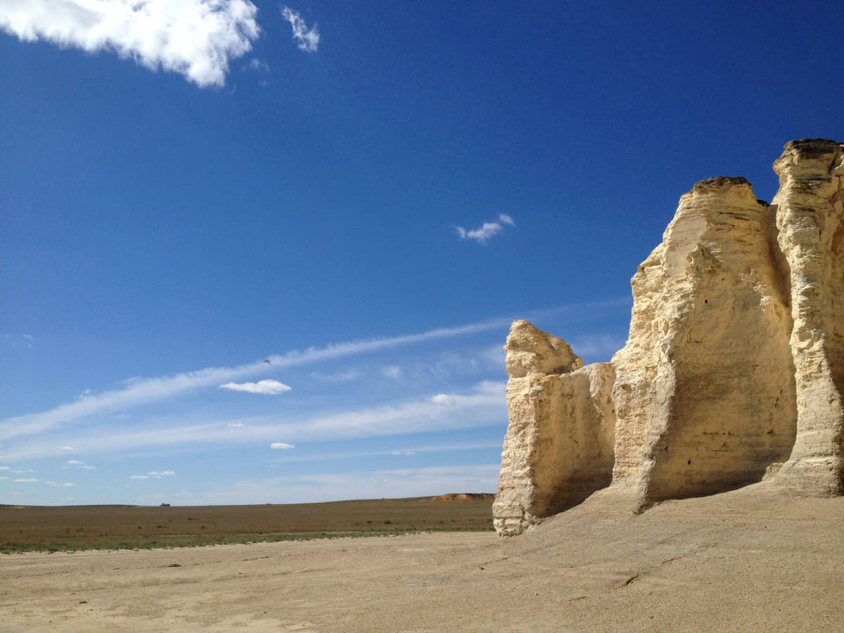 Chalk formations of Monument Rocks rising from the prairie in western Kansas