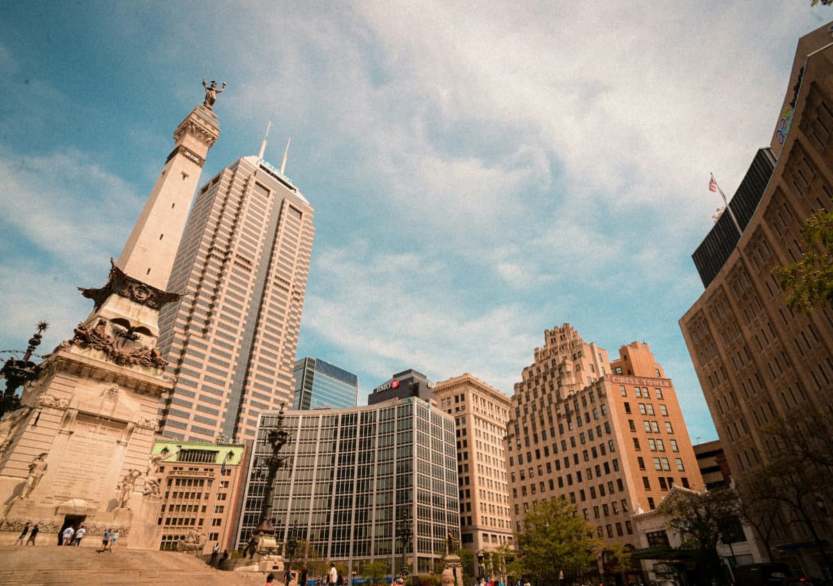 Soldiers' and Sailors' Monument rising over Monument Circle in downtown Indianapolis