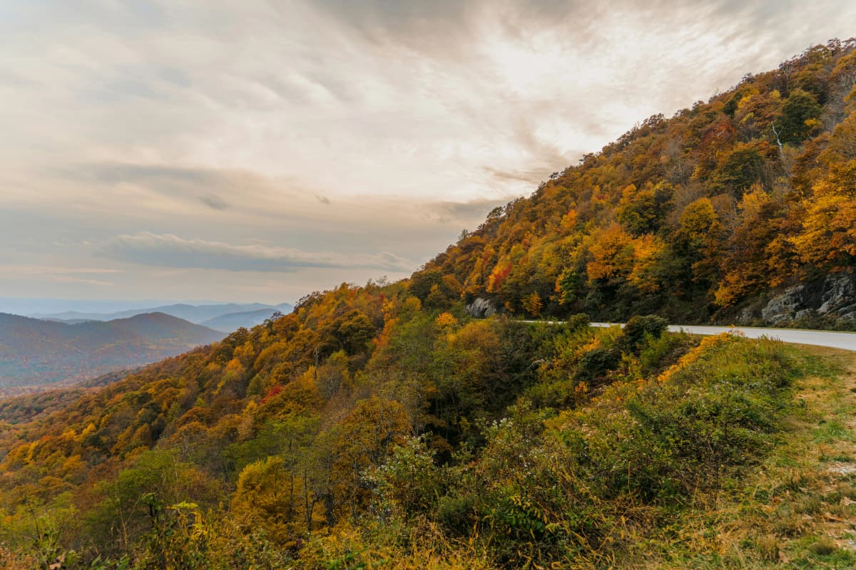 Blue Ridge Parkway winding through autumn mountains in Virginia