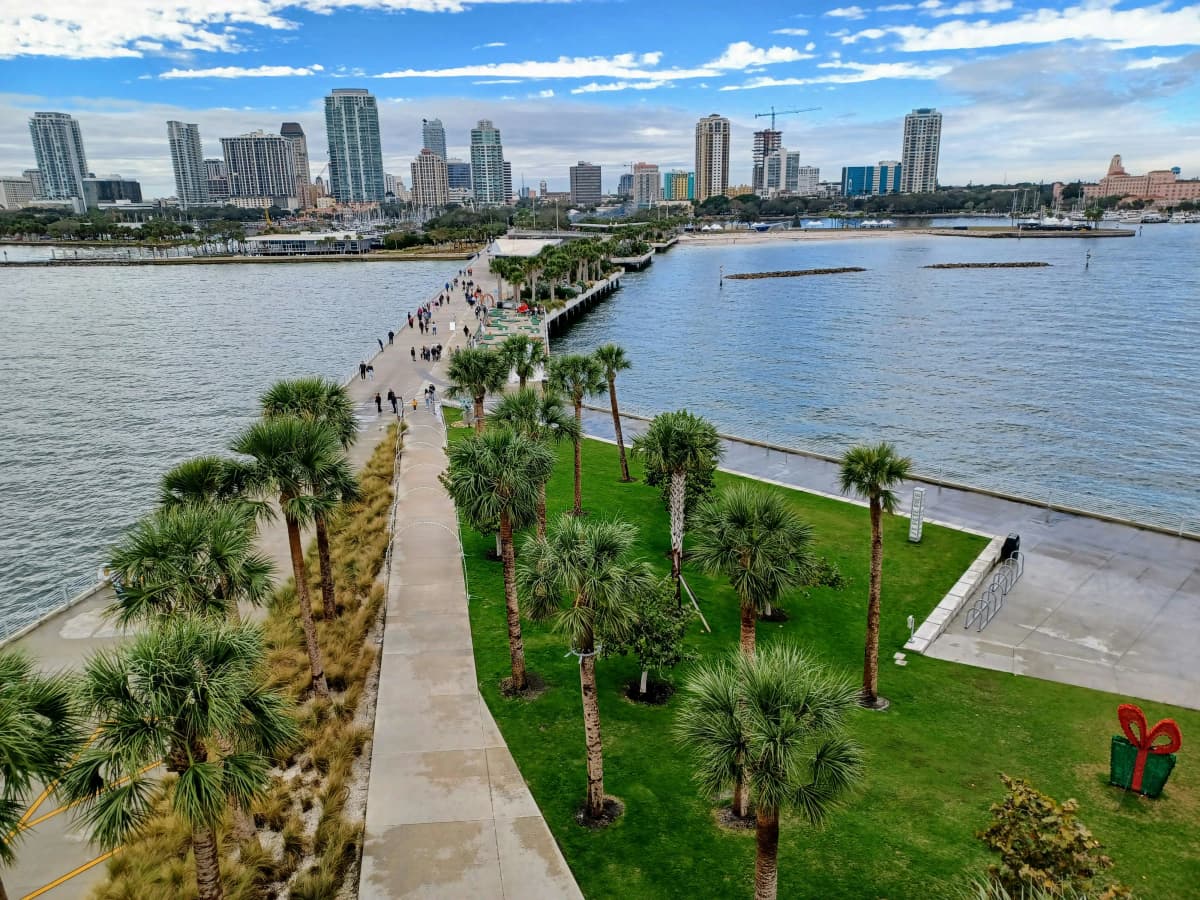 The St. Pete Pier extending into Tampa Bay at downtown St. Petersburg