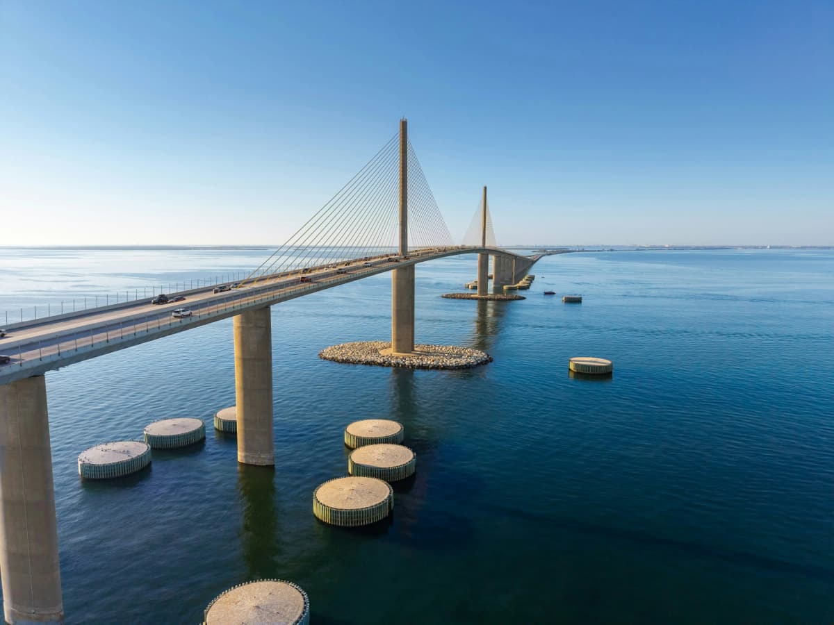 Aerial view of the Sunshine Skyway Bridge crossing Tampa Bay near Sarasota