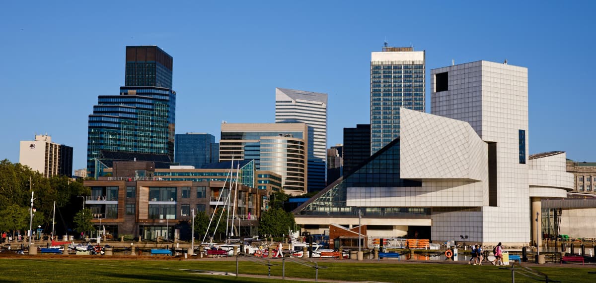 The glass pyramid of the Rock and Roll Hall of Fame on the Cleveland lakefront