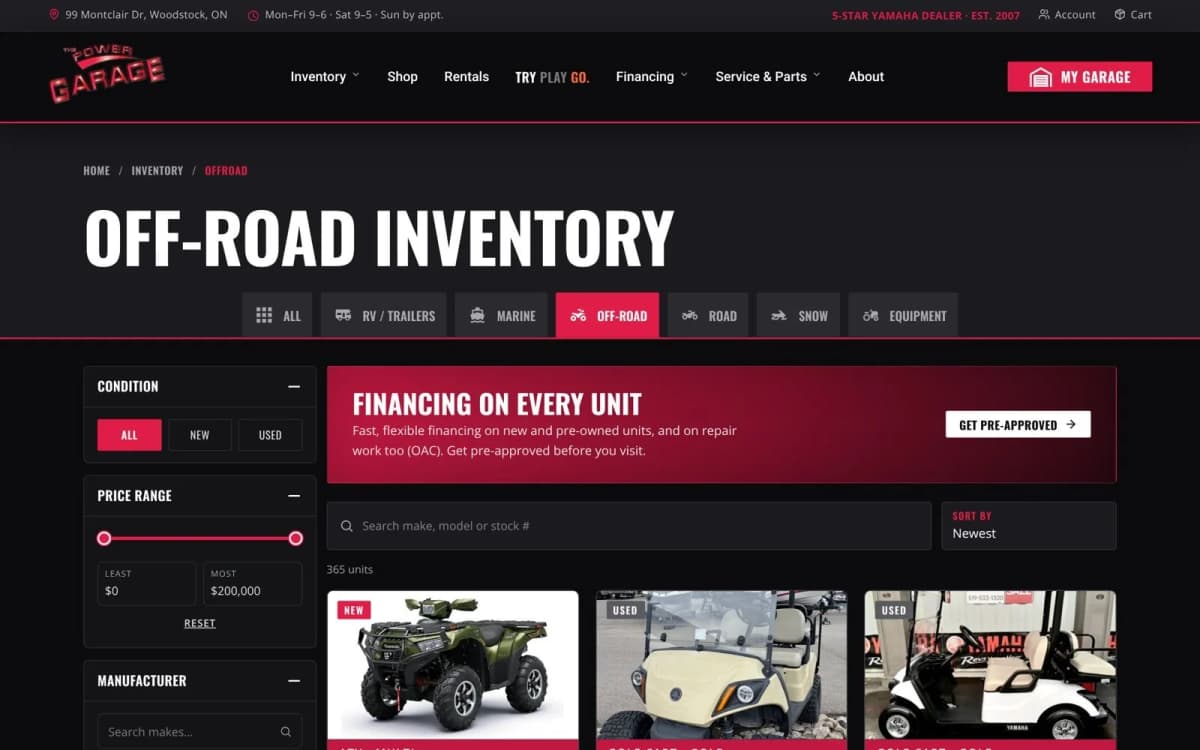 The Power Garage off-road inventory search page built on Xccelerate