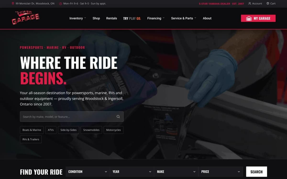 The Power Garage homepage with inventory search above the fold, built on Xccelerate