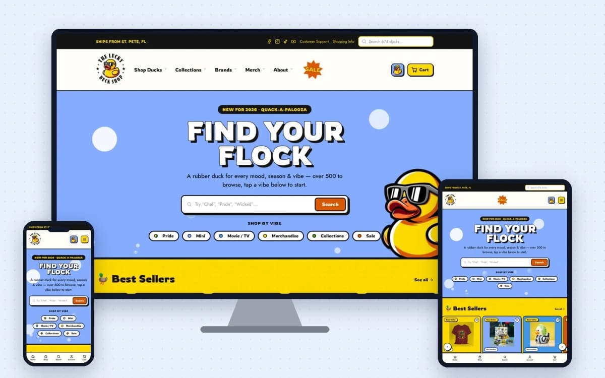 The Lucky Duck Shop online store on desktop, tablet, and phone