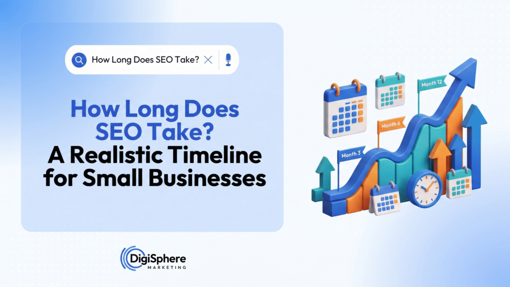 Is SEO worth the money for small businesses — a realistic month-by-month SEO timeline showing compounding returns from month 3 to month 12, by DigiSphere Marketing